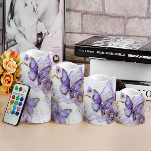Purple Butterfly LED Pillar Candles Bulk Set of 4 with Timer Remote Color Changing Electric Fake Candles for Home Decorations - Image 4