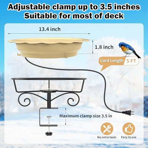 Heated Bird Bath for Deck Railing, 100W Heated Birdbath for Outdoors, Khaki - Image 5