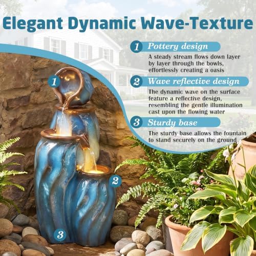 29.5" Outdoor Garden Water Fountain, 3-Tier Ceramic-Look Waterfalls - Image 5