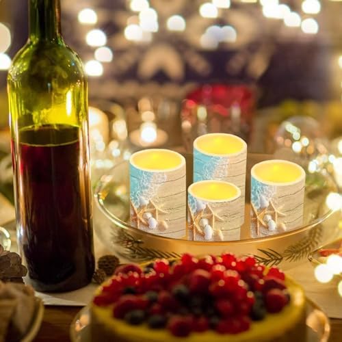 4 Pack Flickering Flamless Candles with Remote Battery Operated Elictric LED Pillar Candles with Timer for Outdoor Beach Wedding Coastal Home Decorations, Ocean Starfish - Image 4