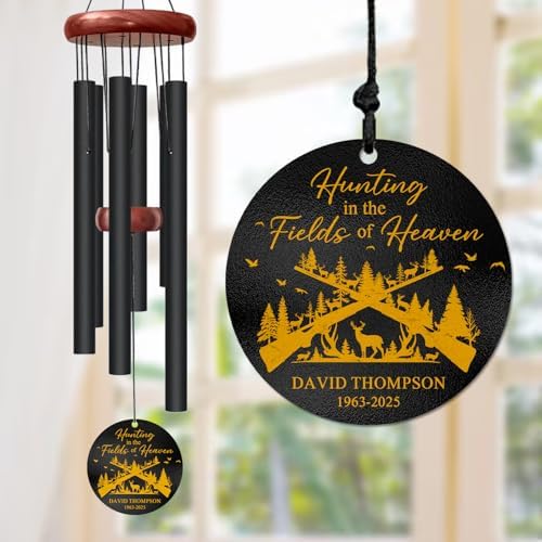 Personalized Hunting Memorial Wind Chime – “Hunting in The Fields of Heaven” Custom Name & Years – Outdoor Remembrance Gift for Hunters – Engraved Sympathy Windchime for Loss of Loved One by AlpadilCo