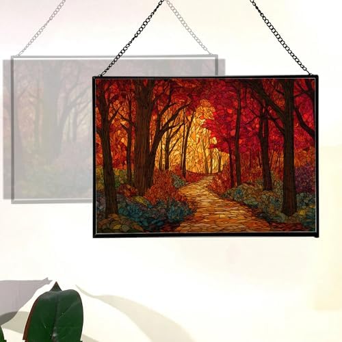 Path Through Glowing Autumn Forest Rectangular Stained Glass Suncatcher – Hanging Window Panel with Animal & Nature Scene – Vibrant Glass Art Gift for Wildlife, Fantasy, Nature Lovers 1GorZh - Image 3