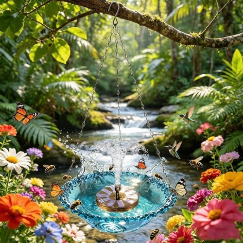Hanging Solar Bird Bath Fountain Solar Powered Bird Bath Fountains Water Pump with 8 Spray Heads Water Feature for Hummingbirds in Garden Yard Patio, Blue - Image 5