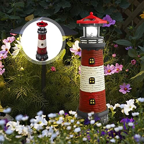 DOITOOL Solar Rotating Lighthouse Outdoor Lantern Garden Decor Resin Street Light - Red - Image 2
