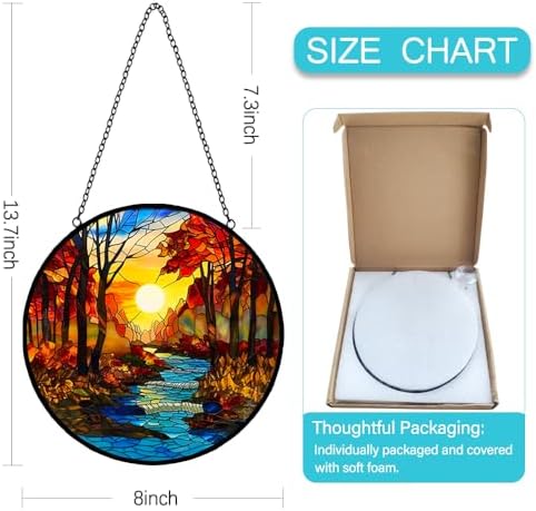Fall Decor Sunrise Tree and River Landscape Stained Glass Suncatcher for Window Hanging - Handmade Mountains Sun Catchers Glass Panel Garden Decorations - Birthday Gifts for Women Men Mom Grandma - Image 3