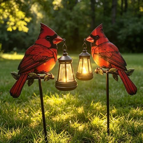 2Pack Solar Lantern Outdoor Decor Solar Cardinal Redbird Lights Metal Stake by Nanzhujin