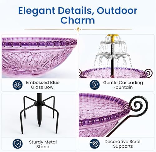 Solar Fountain for Bird Bath Outside, Garden Water Feature with Ground Stake Stand or Hanging Style for Patio, Yard & Lawn (B-XL-Purple) - Image 2