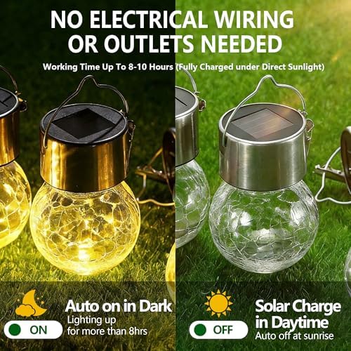 Outdoor Solar Lanterns,Solar Globe Lights Waterproof Hanging Decorative Cracked Glass Balls Light Up Ornaments for Shepherd Hook Tree Umbrella Fence Garden Yard Decor 12 Pack (Warm White) - Image 5