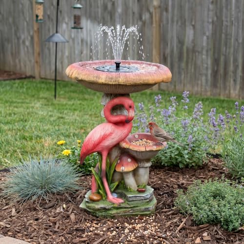 2-in-1 Solar Bird Bath and Wild Bird Feeder, Freestanding Flamingo Garden Statues Outdoor Decor, Solar Water Fountain with Shallow Basin for Small Birds Backyard Patio Ornament, 22.2" H - Image 7