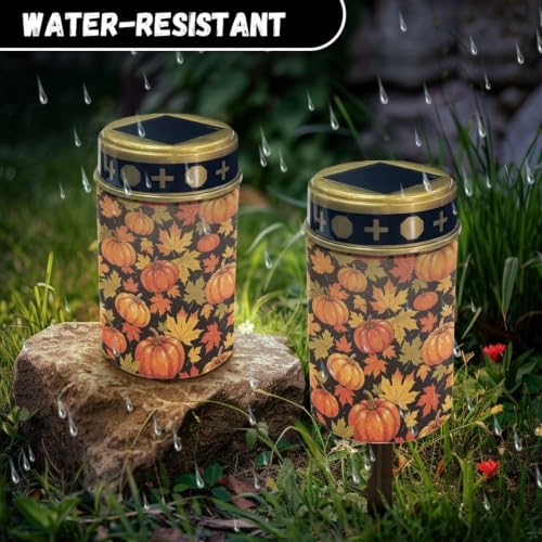 Poceacles Solar Lights Outdoor Waterproof Grave Lights for Cemetery LED Flameless Candle Cemetery Solar Pillar Candles Outdoor Decor, Pumpkin Maple Leaf Orange Black, Pack of 4 - Image 6