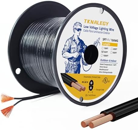 Low Voltage Landscape Lighting Cable 18/2 SPT-1W Bulk Lamp Cord 300-Volt 18-Gauge 250-feet Spool Black UL Listed by TKNALEGY