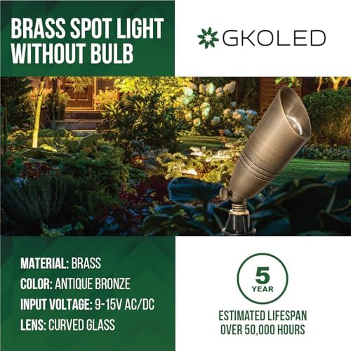 GKOLED Solid Brass Landscape Spotlight, 12V AC/DC Low Voltage Landscape Lights, Outdoor Directional LED Uplight Waterproof Fixture with ABS Spike, Garden Patio Trees Spot Up Light, No MR16 Bulb - Image 2