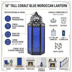 Vela Lanterns Decorative Indoor Candle Holder Table Centerpieces - Moroccan Hanging Outdoor Patio & Porch Home Decor, Turkish Floor Lamp for Wedding, Ramadan (Extra Large 16", Cobalt Blue Glass) - Image 5