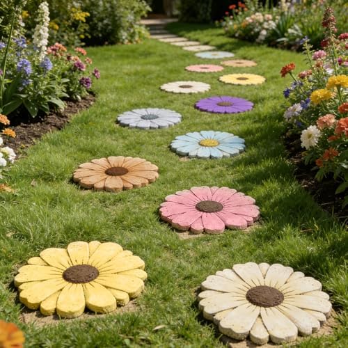 Heavy Duty Concrete Stepping Stone 10 Inch Daisy Design, Non Slip Garden Pathway Stone for Outdoor Walkway Yard Patio Lawn Fall Gadren(Gray) - Image 6