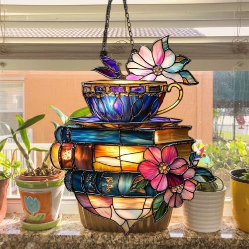 Tea Cup Flowers and Books Acrylic Suncatcher - Image 4