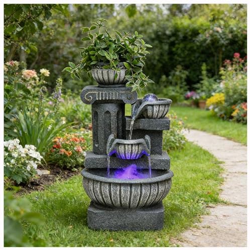 4-Tiers Cascading Bowls Water Fountain Outdoor, Waterfalls Fountains with LED Lights & Atomizing, Outdoor/Indoor Resin Water Feature Fountain for Patio, Garden, Backyard, Deck,23.6" H by Unknown