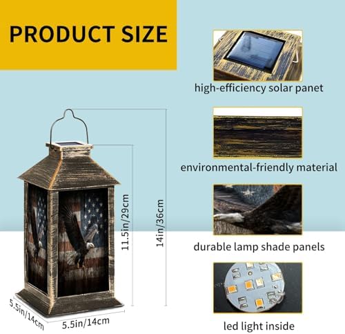 Solar Lantern Cinematic Eagle Gliding Vintage Wooden American Flag Outdoor Waterproof Garden Hanging Lantern Solar Powered Lighting Outside Table Lamp for Patio Deck Camping 1 Pack - Image 6