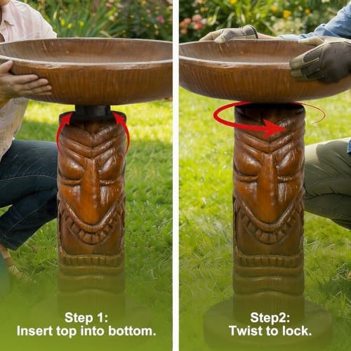Tiki Bird Bath for Outdoor Garden, 18.9" Hawaiian Style Totem Pole Birdbath with Tiki Face Pedestal, Fiber-Reinforced Concrete Yard Decor, 30 lb Brown Tribal Statue - Image 7