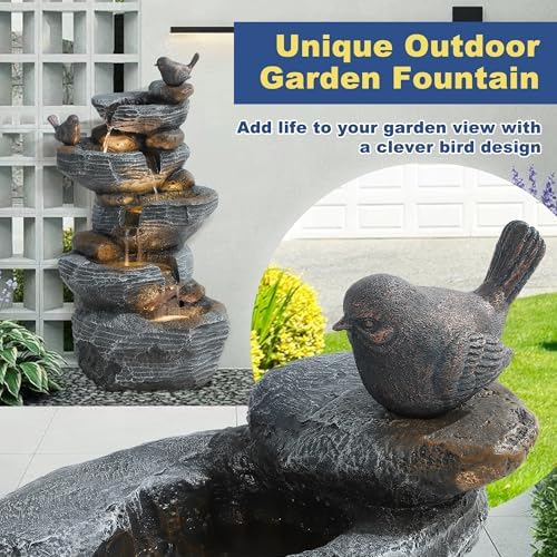 5 Tiers Cascading Rock Outdoor Water Fountain with Bird Decor - Image 5