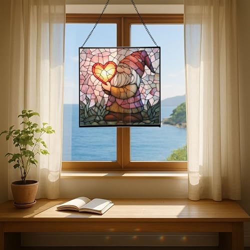 Valentine Gnome Hug Stained Glass Suncatcher – Square Hanging Window Panel for Home or Greenhouse – Whimsical Glass Art Gift for Garden Lovers, Christmas, Halloween, Father Days nULTXb - Image 6
