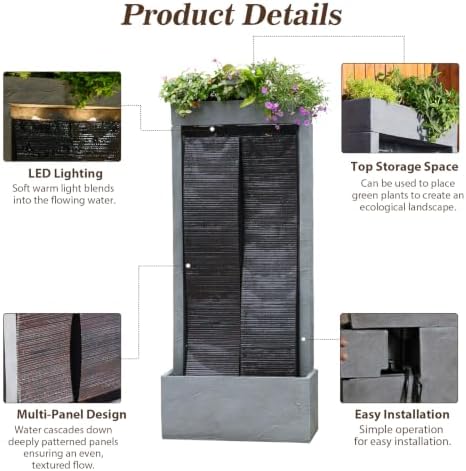 Sunlinua 59H Modern Outdoor Water Fountain with LED Light Garden Cascading Waterfall Feature for Indoor or Outdoor Large Water Fountain for Relaxing Garden Patio Backyard Deck Porch or Home Décor - Image 6