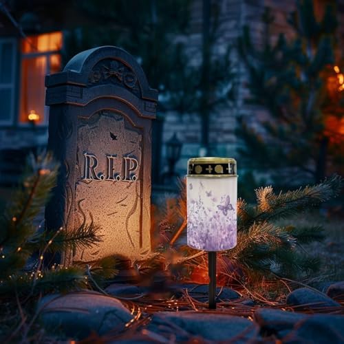 Poceacles Solar Grave Lights for Cemetery Outdoor Waterproof Grave Decorations LED Flameless Candles Outdoor Solar Lights Solar Lamp for Cemetery Path Lawn Yard, Purple Butterfly Floral, Pack of 2 - Image 2