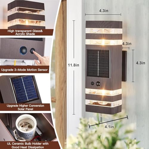 Oil Rubbed Bronze Solar Outdoor Wall Lights with 3-Mode Motion Sensor Outside Sconces Up Down Solar Porch Light Fixtures 3000K 500LM Dusk to Dawn Modern Exterior Wall Lamp for House Garage Front Door - Image 2