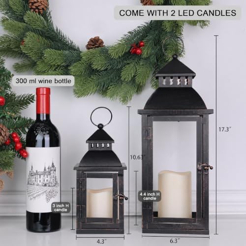 LED Lanterns Decorative Outdoor&Indoor, Set of 2 (17’’&11’’) Large Black Metal Lantern Decor with bronze brush, Candle Holder for Porch, Patio, Garden, Balcony, Wedding Decorations (No Glass) - Image 3