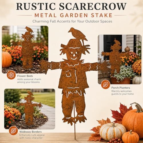 Rust Finish Metal Scarecrow Garden Stake, 27.4 Inch Fall Yard Art Decor, Flat Outdoor Lawn Ornament for Planters Flower Beds Patio - Image 6
