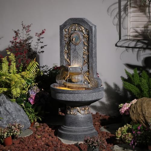 Bumilgar Outdoor Wall Fountain with LED Lights, 49.8” H Freestanding Gilded Fleur-de-Lis European Resin Standing Waterfall Feature, European Resin Flat Back Yard - Image 2