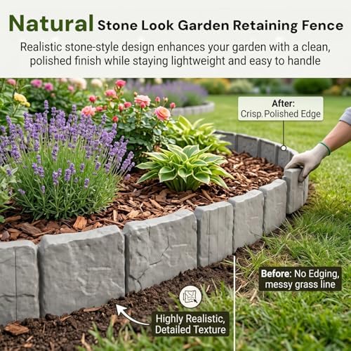 Imitation Stone Garden Fence - DIY Garden Edging Border, 2026 New Plastic Garden Retaining Fence, Interlocking No Dig Decorative Garden Fence with Stakes, for Yard, Patio, Outdoor (Cream, 10pcs) - Image 2