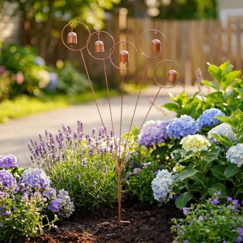 Retro Metal Garden Stake with 5 Bell Rings, Rustic Handmade Wind Chime Yard Decor, All-Weather Waterproof Lawn Ornament, Tool-Free Vintage Metal Art for Patio Backyard, Ideal Gardening Gift by Unknown