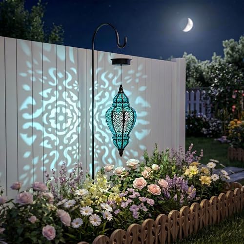 Moroccan Hanging Solar Lights Outdoor Lantern Bidirectional Availabili Garden Decor Waterproof Plastic Blue Decorations for Patio Pathway Yard Backyard Solar Powered Garden Decorative (Black, 1) - Image 3