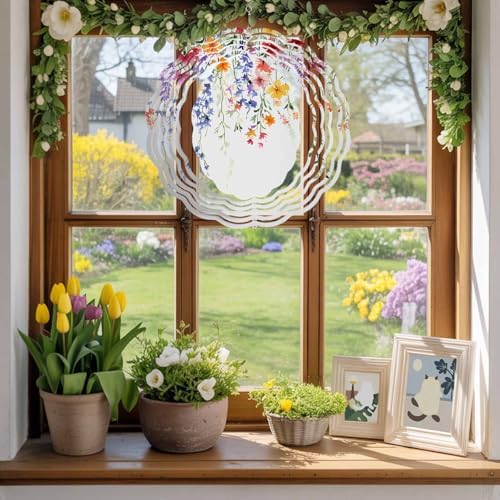 Wind Spinners for Yard Garden, Spring Colorful Flower on White 3D Stainless Steel Round Hanging Spinners Indoor Outdoor Kinetic Yard Art,12 Inch, Watercolor Swirling Leaf - Image 4