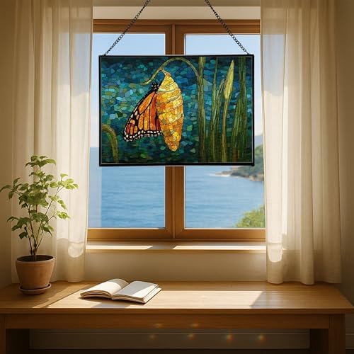 Butterfly Emerging from Chrysalis Rectangular Stained Glass Suncatcher – Hanging Window Panel with Animal & Nature Scene – Vibrant Glass Art Gift for Wildlife, Fantasy, Nature Lovers XGNTPJ - Image 6