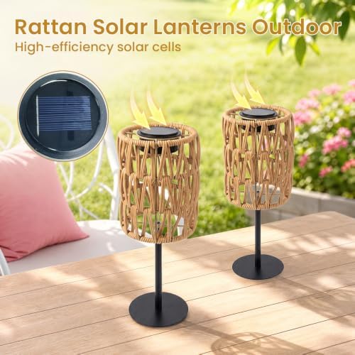 2PCS Solar Table Lamps Outdoor, Rattan Solar Lanterns Outdoor, Waterproof Wicker Lanterns Outd-oor, Rechargeable Table Top So-lar Lights LED Boho Lant-erns Out-Door for Balcony Patio Yard Lawn - Image 4