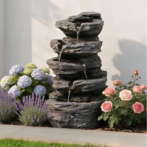 20" Outdoor Water Fountain with Lights, 5-Tiered Cascading Rock Water Fountain, Outdoor Garden Waterfall Decor for Garden, Patio, Courtyard by Ayiseedmid