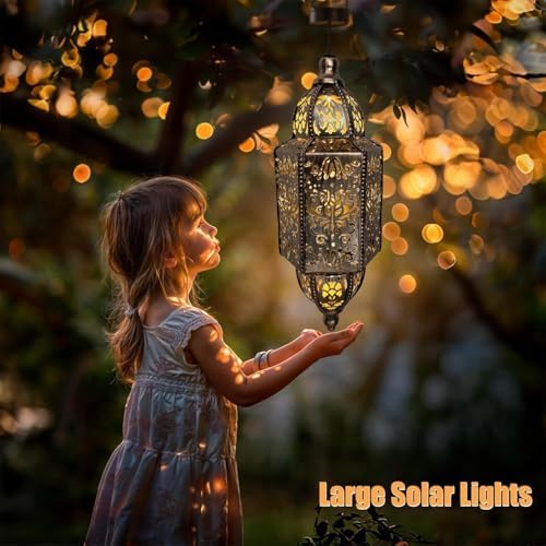 Hanging Solar Lantern Outdoor Decor, Moroccan Solar Lights for Outside Garden Decorations, Waterproof Metal LED Lanterns Garden Gifts for Mom, Women, Patio, Yard, Mother's Day（Cuboid-1 Pack） - Image 4
