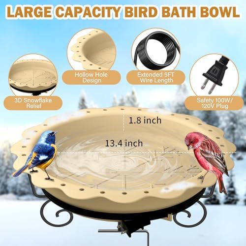 Heated Bird Bath for Deck Railing, 100W Heated Birdbath for Outdoors, Khaki - Image 2