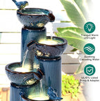 34" H Ceramic Outdoor Water Fountain with LED Lights, 4-Tier Bowl Water Feature with Birds, Teal Blue Glaze, Embossed Leaf Pattern, Cascading Waterfall for Tranquil Garden, Patio, or Porch - Image 5