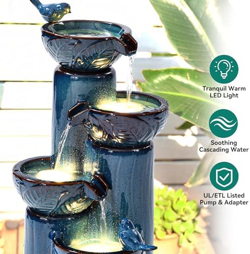 34" H Ceramic Outdoor Water Fountain with LED Lights, 4-Tier Bowl Water Feature with Birds, Teal Blue Glaze, Embossed Leaf Pattern, Cascading Waterfall for Tranquil Garden, Patio, or Porch - Image 5