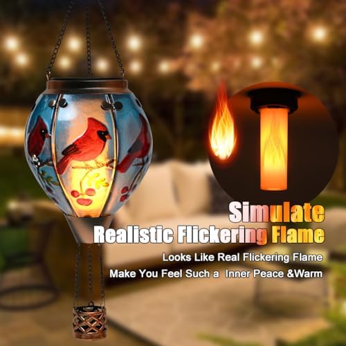 Hot Air Balloon Solar Lantern - Cardinal Bird Glass Lantern, Simulated Flickering & Dancing Flame, Outdoor Hanging Yard Light Waterproof IP65 for Patio Lawn Porch Decor Gift - Image 2