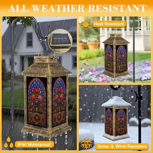 Solar Lantern Outdoor Waterproof Stained Glass Garden Decor LED Hanging Solar Lights Tabletop Lamp Gifts for Women Mom Outside Yard Patio Porch - Image 3