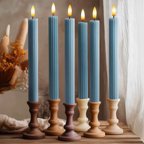 12 Pack, 10" LED Flameless Blue Fluted Ribbed Grooved Taper Candles with 2 Remotes & 24h Timer Memory, On/Off Button, Dimmable, Flicker Mode, Battery Operated, Christmas Menorah Wedding by WestIvory