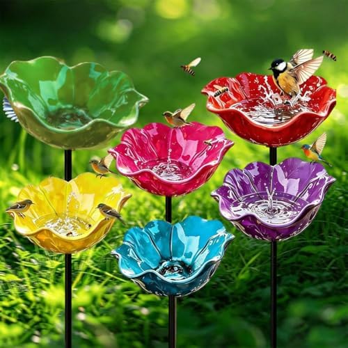 Metal Flower Garden Stakes with Bee Bath & Bird Water Bowl,Watering Station,Hummingbird Bath Cup for Outdoor Yard Decor (6PC) by Unknown