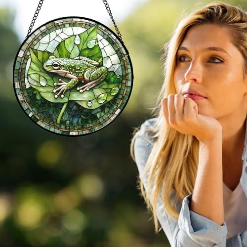 Green Frog Lily Pond Stained Glass Window Hanging Suncatcher Gifts 9.8" - Image 2