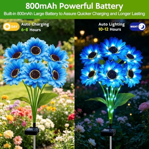 Solar Sunflower Lights Outdoor Garden Decor, 6 Pack Solar Blue Flowers Lights with 36 Sunflowers, Waterproof Fall Decor Stake Decorative Light Auto ON/Off for Garden Yard Patio, Gift for Women - Image 3