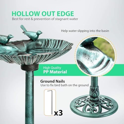 Water Fountain and Birdbath Solar Powered Polyresin Vintage Bronze/Green Outdoor Pond Fountain Combo Set Freestanding Bird Feeders for Garden Patio Deck or Yard - Image 3