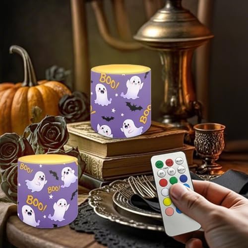 Halloween Ghost Bat Print Battery Operated Flameless Candles with Remote and Timer Flameless LED Pillar Candles for Banquet Party Home Decorations 4 Pack Tea Lights Bulk - Image 3