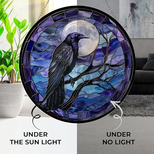 Moon Crow Stained Glass Window Hanging 12' Round Blue Flower Glass Panel Farmhouse Style Suncatcher Perfect Housewarming Gift (with Chain Hook) - Image 3